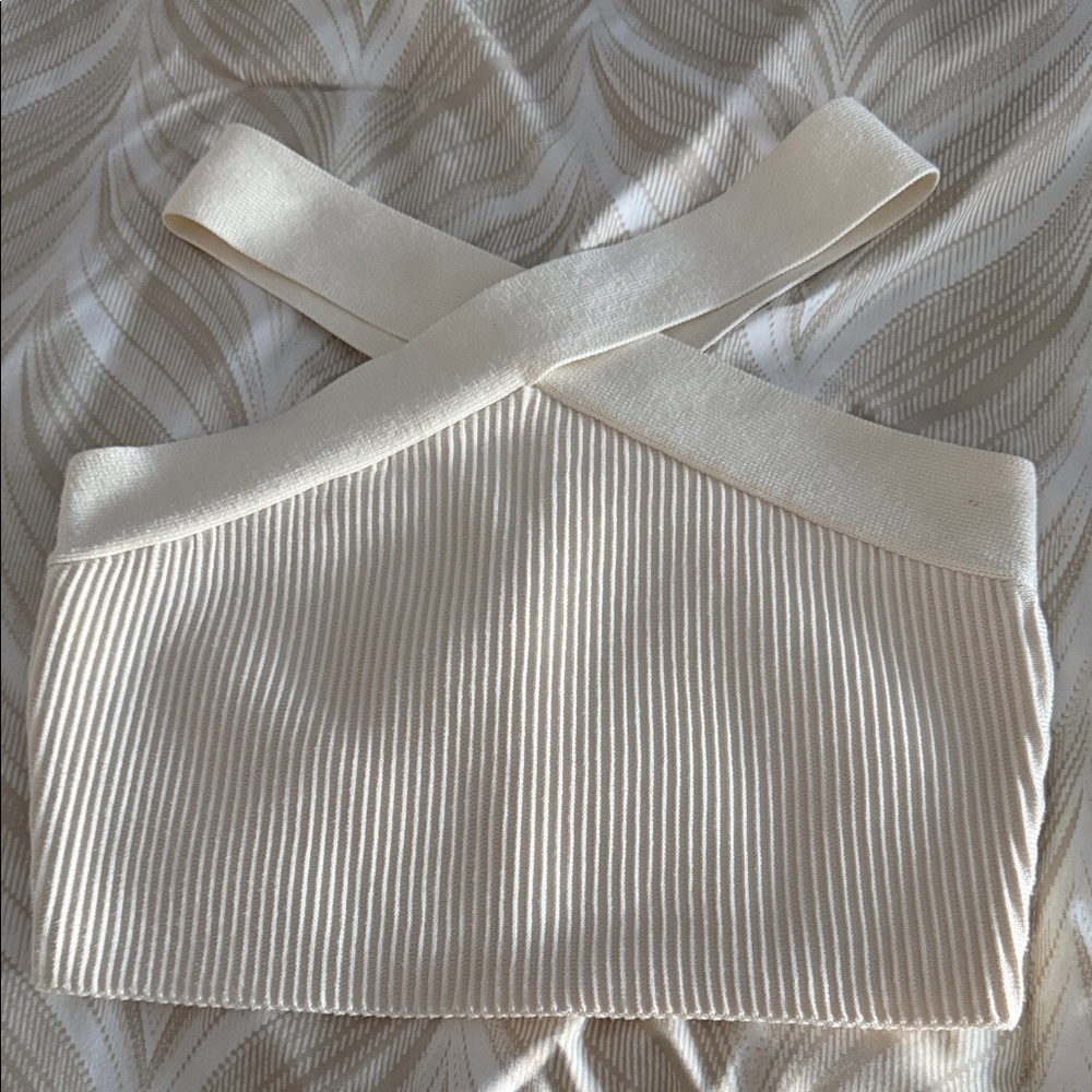 Ardene Cream Ribbed Cross-Strap Crop Top